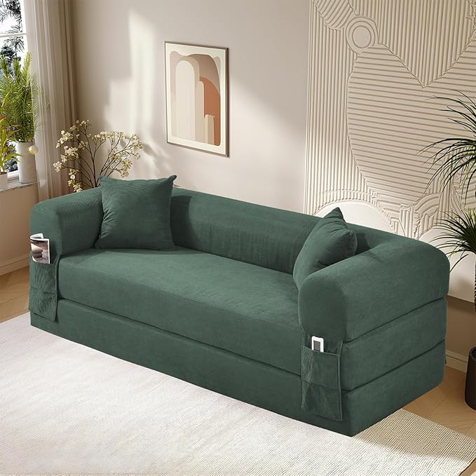 GJQ 80" Convertible Sofa Bed,Corduroy Folding Sleeper Sofa Bed Queen with Pillows & Storage,Modular Pull Out Couches Boneless Couch for Living Room,Compressed Couch in a Box,Light Green