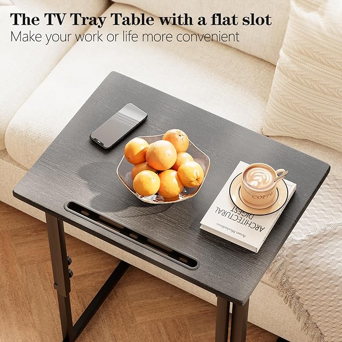 Adjustable Height Tv Tray Table,Portable Folding Tv Tray Dinner Snack Trays Table,Small Foldable C-Shaped End Table for Eating,Slide Under Couch Side with Sturdy MDF Top,No Assembly(Black+Black)