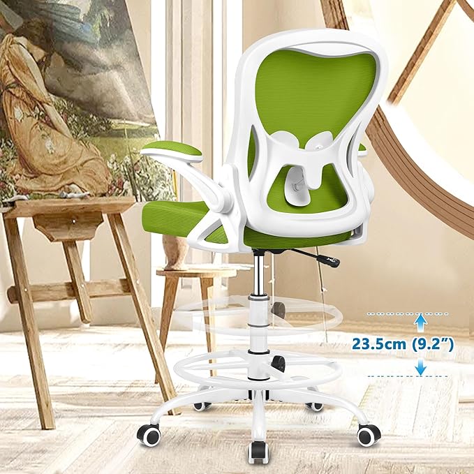 Winrise Ergonomic Drafting Chair with Lumbar Support - Adjustable Height Office Chair for Standing Desks, Flip-Up Armrests & Foot Ring (Green)