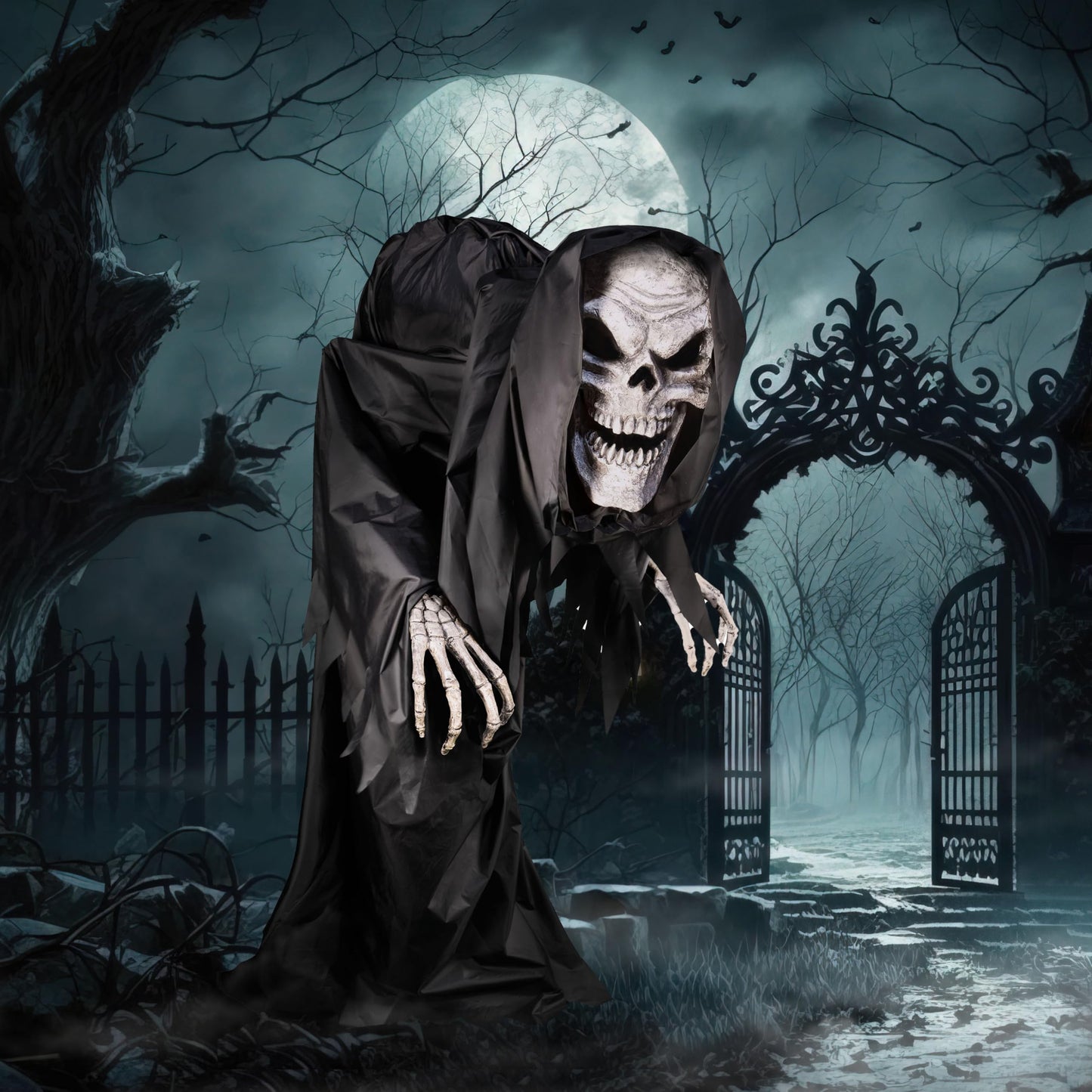 Haunted Hill Farm Motion-Activated Hunched Skeleton Reaper by Tekky, Talking Halloween Animatronic for Indoor or Covered Outdoor Creepy Halloween Decorations, Plug-in or Battery Operated Fright Props