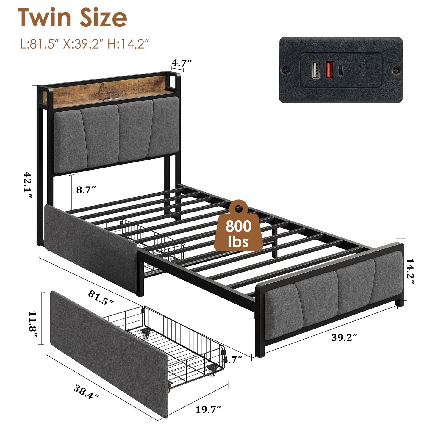 GAOMON Twin Size Bed Frame with 2 Storage Drawers and Charging Station, Rustic Linen Upholstered Platform Bedframe with Storage Headboard, Heavy Duty, No Box Spring Needed, Easy Assembly, Noise Free