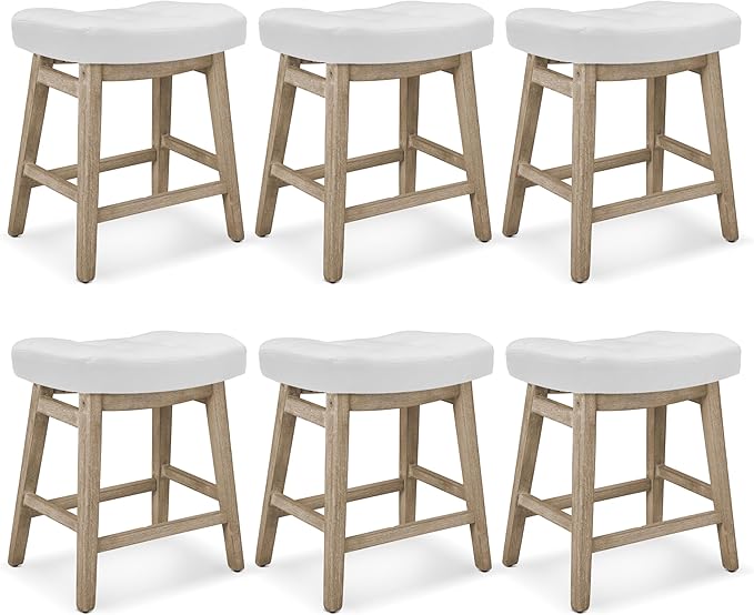RNKSFX Counter Height White Bar Stools Set of 6 for Kitchen Counter Farmhouse Modern Barstools with Faux Leather Upholstered Backless Seat and Solid Wood Legs 24 inch Bar Chairs, White + Wood Color