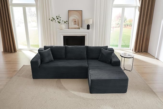 Vanress Cloud Couch Sectional, Corduroy Boneless Couch with L-Shape Chaise, Modern Modular Sectional Sofa Comfy Deep Seat for Living Room, Bedroom, No Assembly (Dark Grey, Right Facing Chaise)