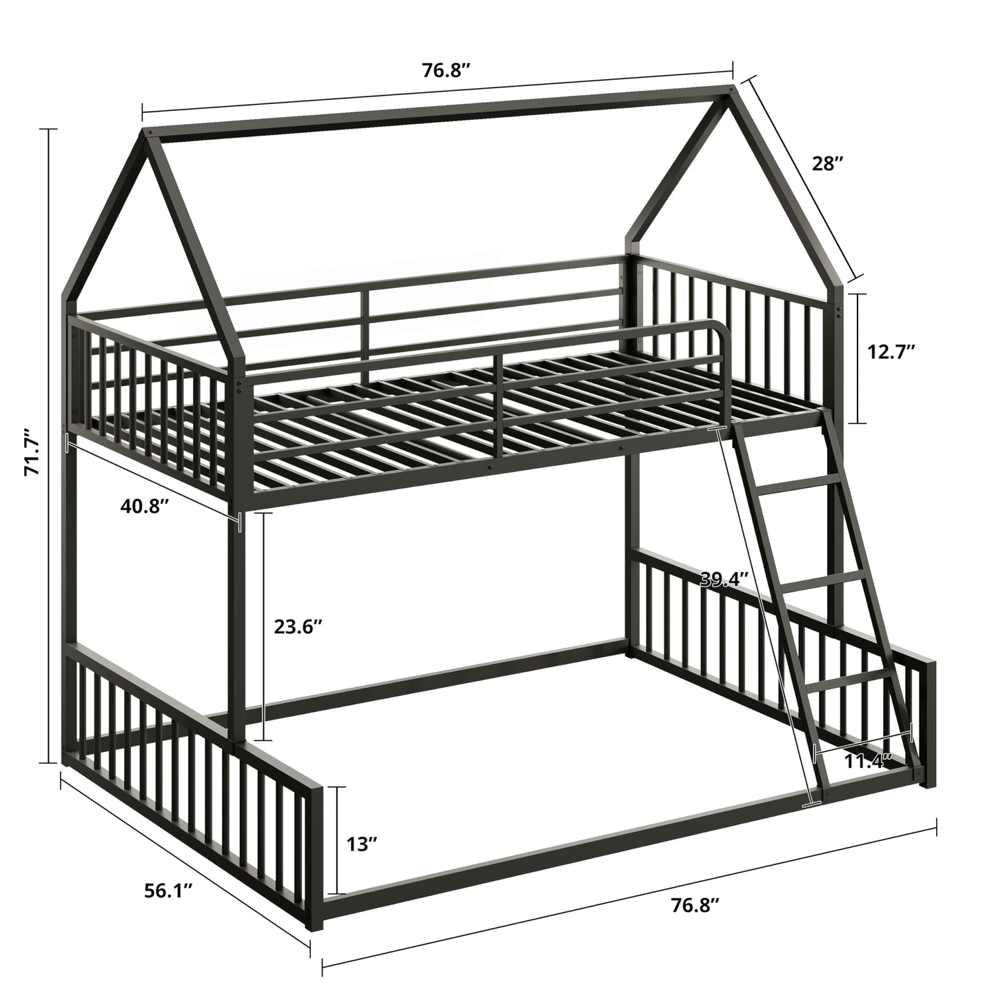 LIKIMIO Bunk Bed Twin Over Full Size, House Bunk Bed Frame with Ladder and Guardrail, House Shaped with Metal Slats Support No Box Spring Needed Space Saving for Bedroom and Dorm, Black
