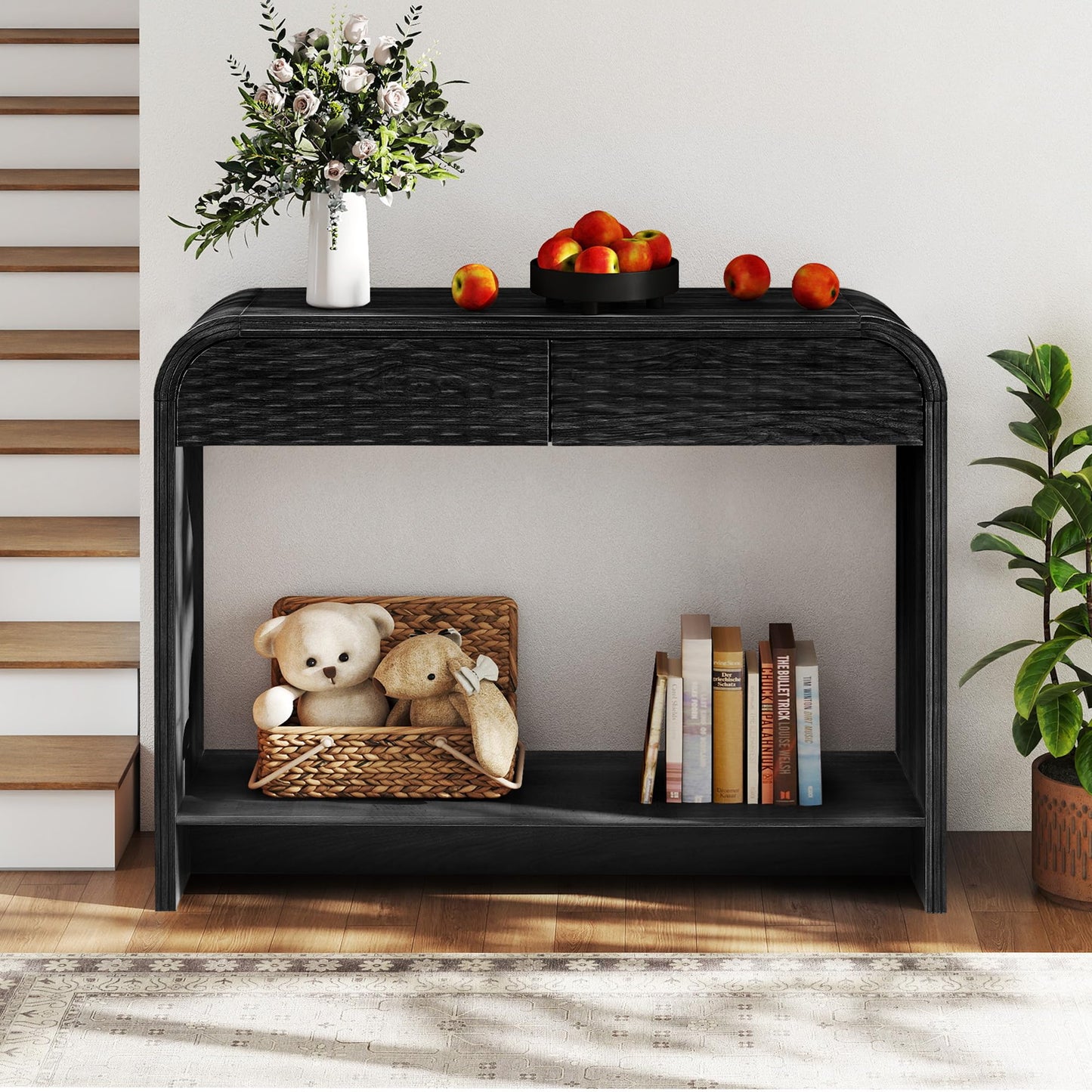 Entryway Table with Storage, Narrow Console Table with Drawers, 43.3'' Couch Table Behind Sofa Long and Skinny with Arc for Living Room TV, Hallway Entrance Foyer, Mid Century Black Carved Rattan