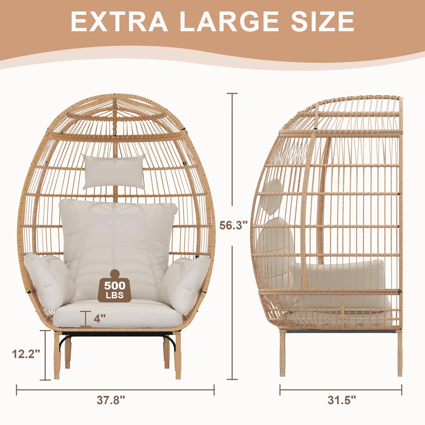 Reljofum 500 Lbs Capacity Oversized Wicker Egg Chair, All-Weather Rattan Egg Lounge Chairs for Patio, Backyard, Living Room, Outdoor Oversized Egg Chair Indoor w/5 Cushions