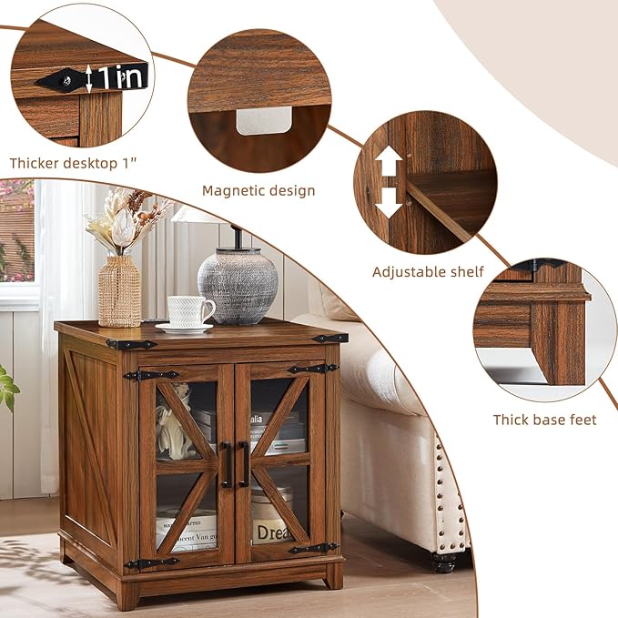 Joaxswe Farmhouse End Table with Charging Station, 24" Large Sofa Side Table with Glass Barn Door, Nightstand with Adjustable Storage Shelf,Wood Square Bedside Table for Living Room,Bedroom