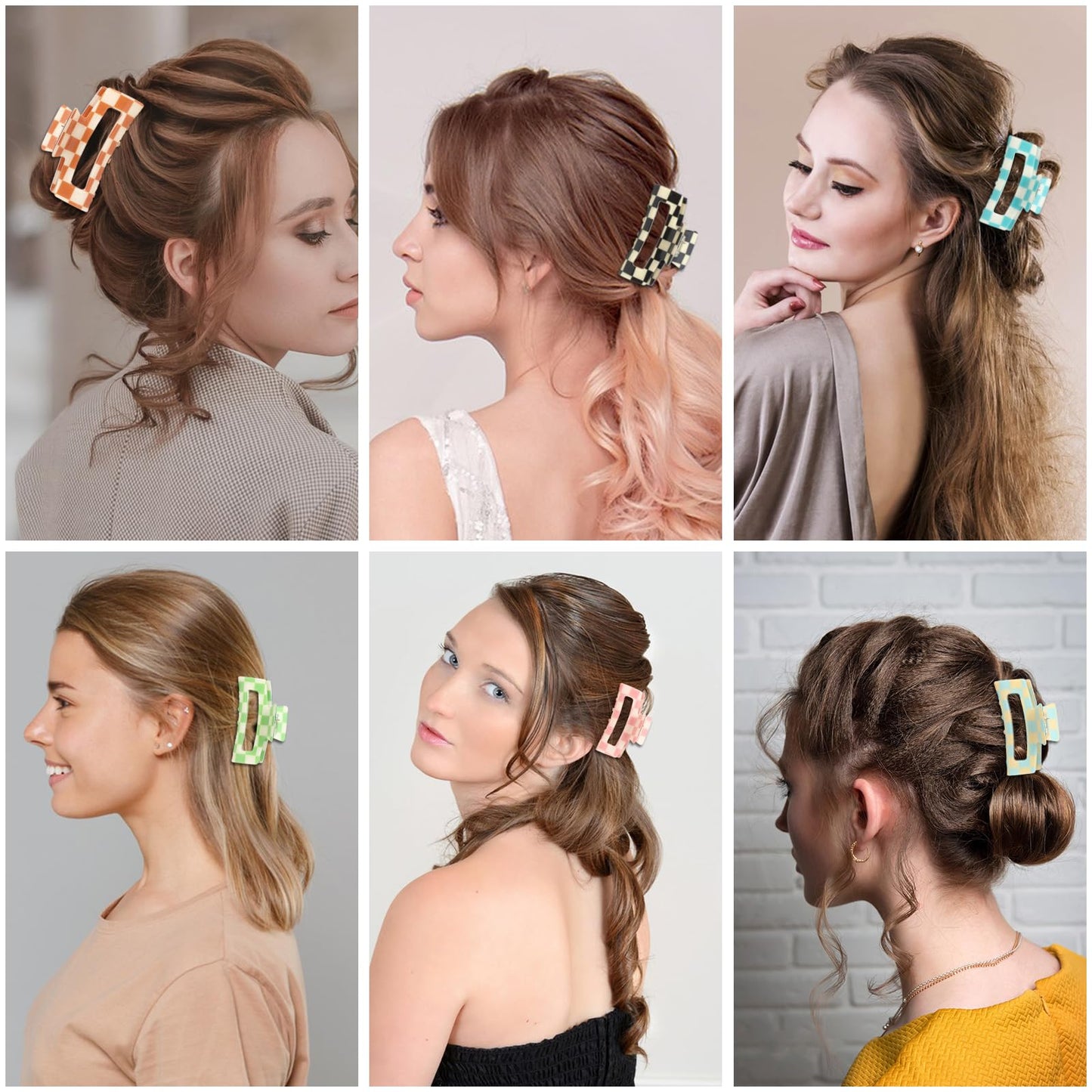 Paderison Checkered Rectangle Y2K Hair Claw Clips and Barrettes- 6 Pcs Large and Small Strong Hold Hair Accessories for Thin & T
