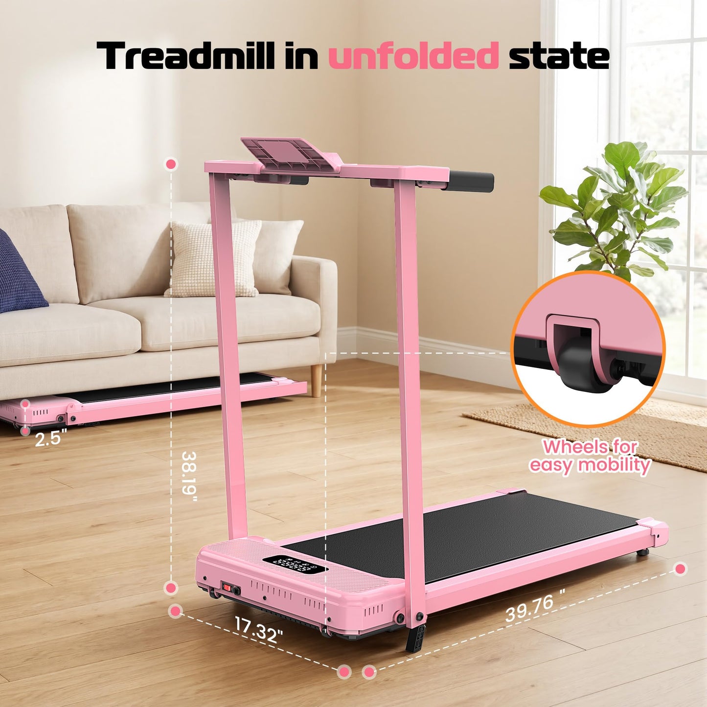 Pink Walking Pad Treadmill with Incline - Foldable Treadmills with Handle Bar, Compact Folding Treadmills for Home Small Spaces, Office, Remote Control & LED Display