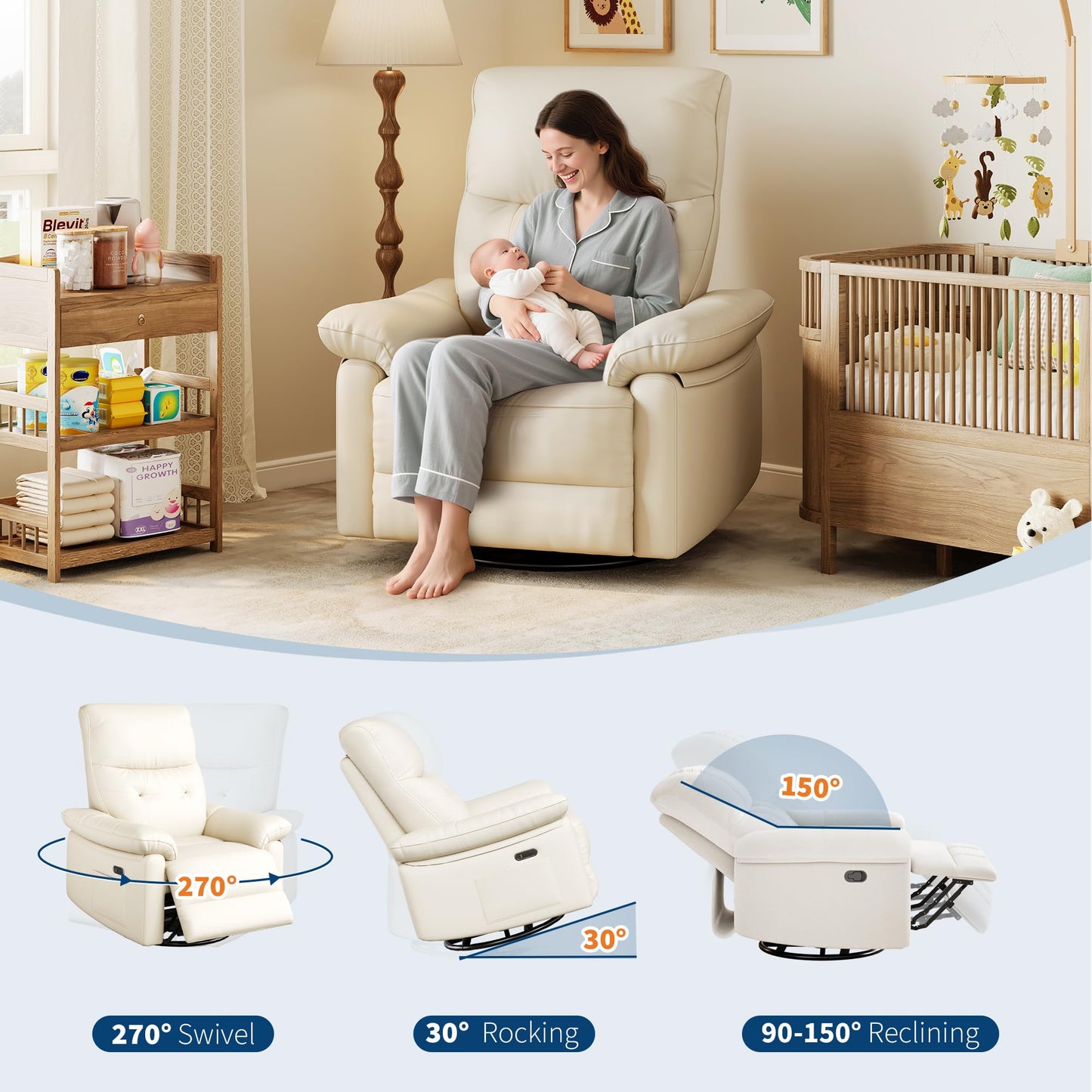 GarveeHome Recliner Chair, 360° Swivel Rocker Glider Nursery Chair with Padded Armrest and Deep Seat, PU Leather Upholstered Reclining Sofa Chair for Living Room, Bedroom and Nursery (Cream)