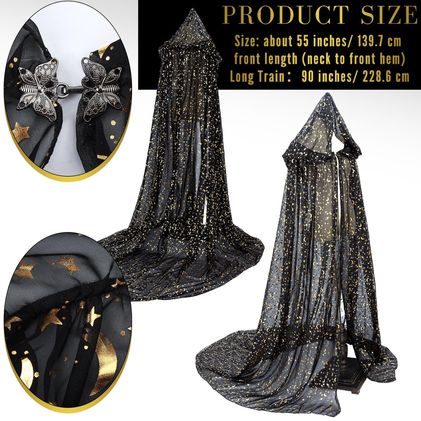 Geyoga Black Celestial Witch Cloak Halloween Stars Moon Witch Costume Tulle Cape Hooded Elf Cloak Gothic Costume for Cosplay