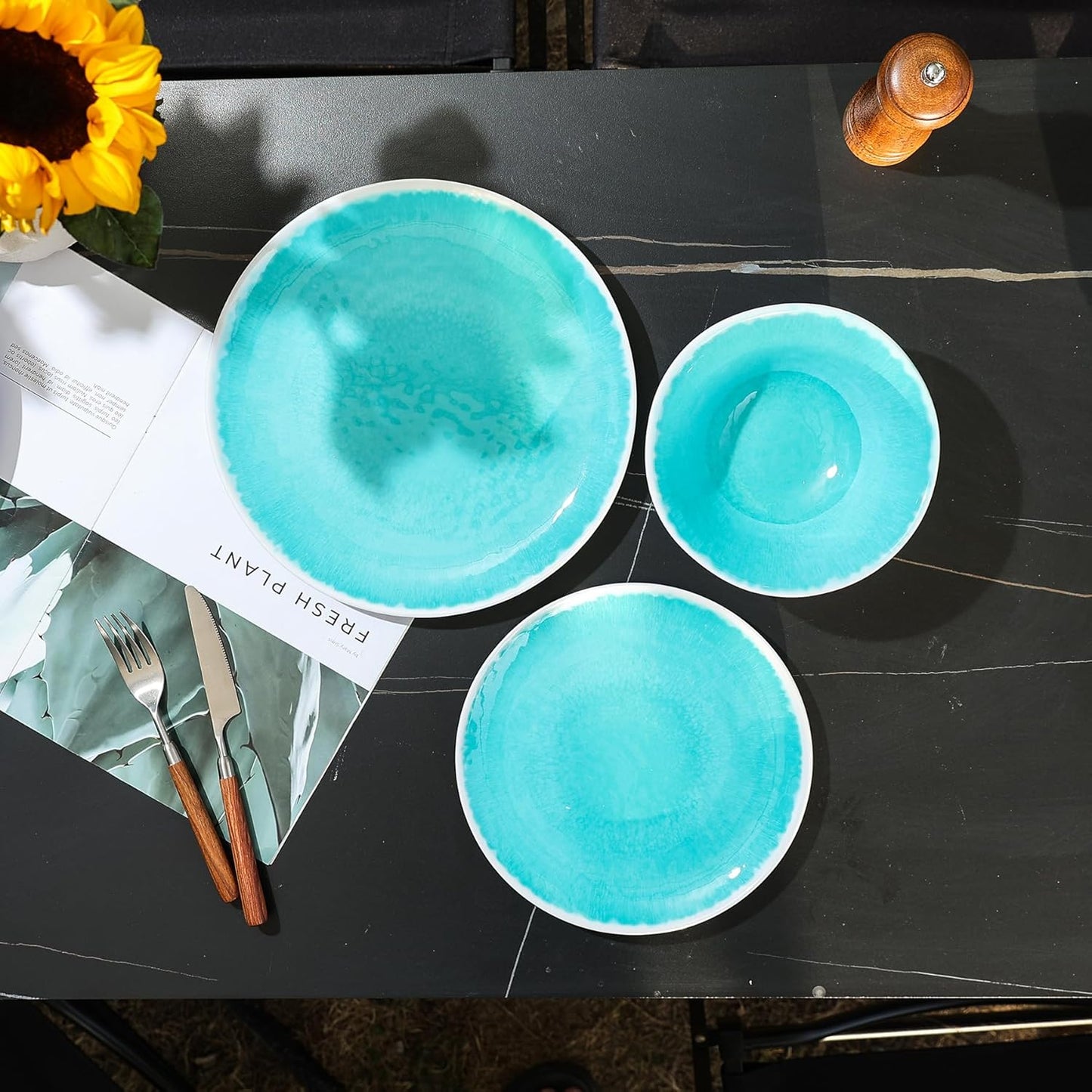 Melamine Dinnerware Sets 12 Pcs, Melamine Plates and Bowls,Party Plates and Bowls Sets, Camping Dishes Set for 4, Unbreakable, BPA Free, Dishwasher Safe (Lake Green)