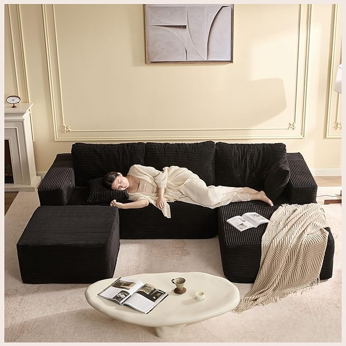 Afuson 107" Boneless Couch with Deep Seat, Modular Sectional Sofa, Cloud Sectional Couch for Living Room, No Assembly Required, Corduroy, U-Shape 3 Seater Right, Black
