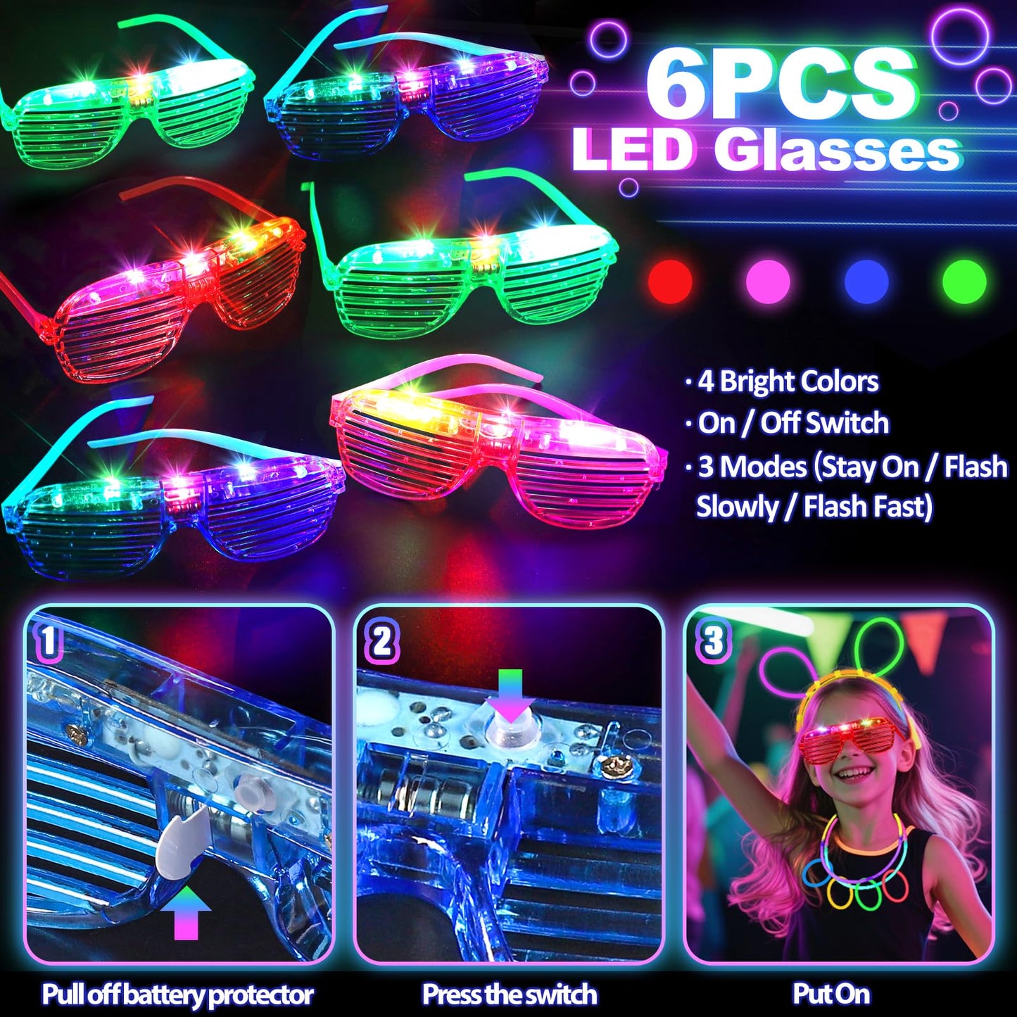 Glow in the Dark Party Supplies for Kids Adults, 128PCS Light Up Party Favors with LED Glasses, LED Hair Clips,Finger Lights, Rings, Glow Sticks, Neon Bracelets Headbands Molds for Halloween Raves