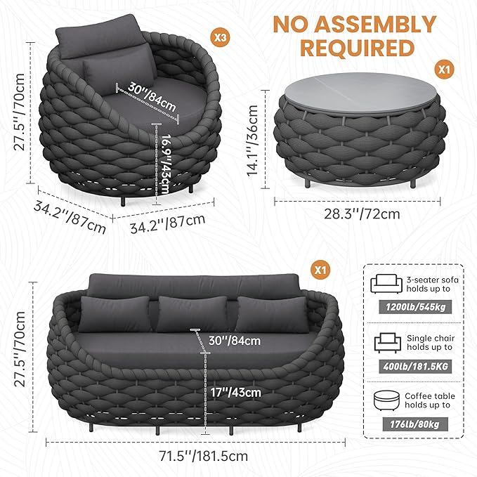 Erotr Aluminum Outdoor Seating Set: 5-Piece Woven Rope Patio Conversation Set of 6 - Metal Sofa Set Assembled Cushioned - Modern Couch Porch Furniture for Deck Lanai Balcony Yard Pool Hotel, Dark Gray