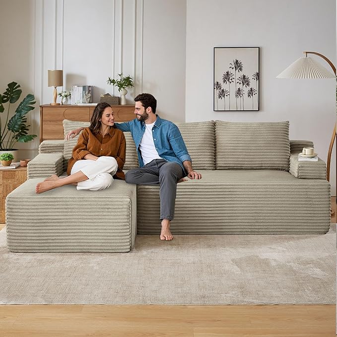 96" Cloud Sectional Couch with L-Shape Chaise, Modern Corduroy Boneless Couch for Living Room,Memory Foam Sofa with Deep Seat,No Assembly Required (Camel,Left-Facing Chaise)