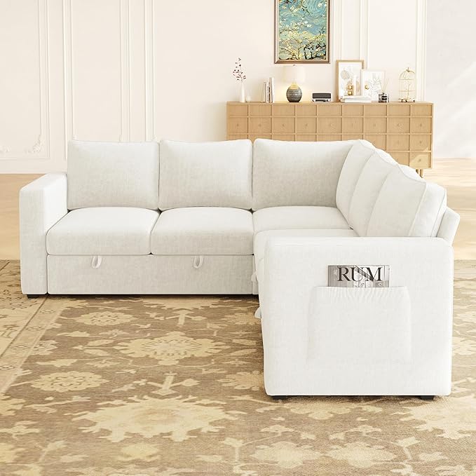 SUAWY 83.5" Sectional Sleeper Sofa with Pull Out Couch, Modern 5 Seat L Shaped Modular Couch, Sectionals Modular Sofa with Storage, Comfy Sectional Couches for Living Room & Apartment, Light Beige