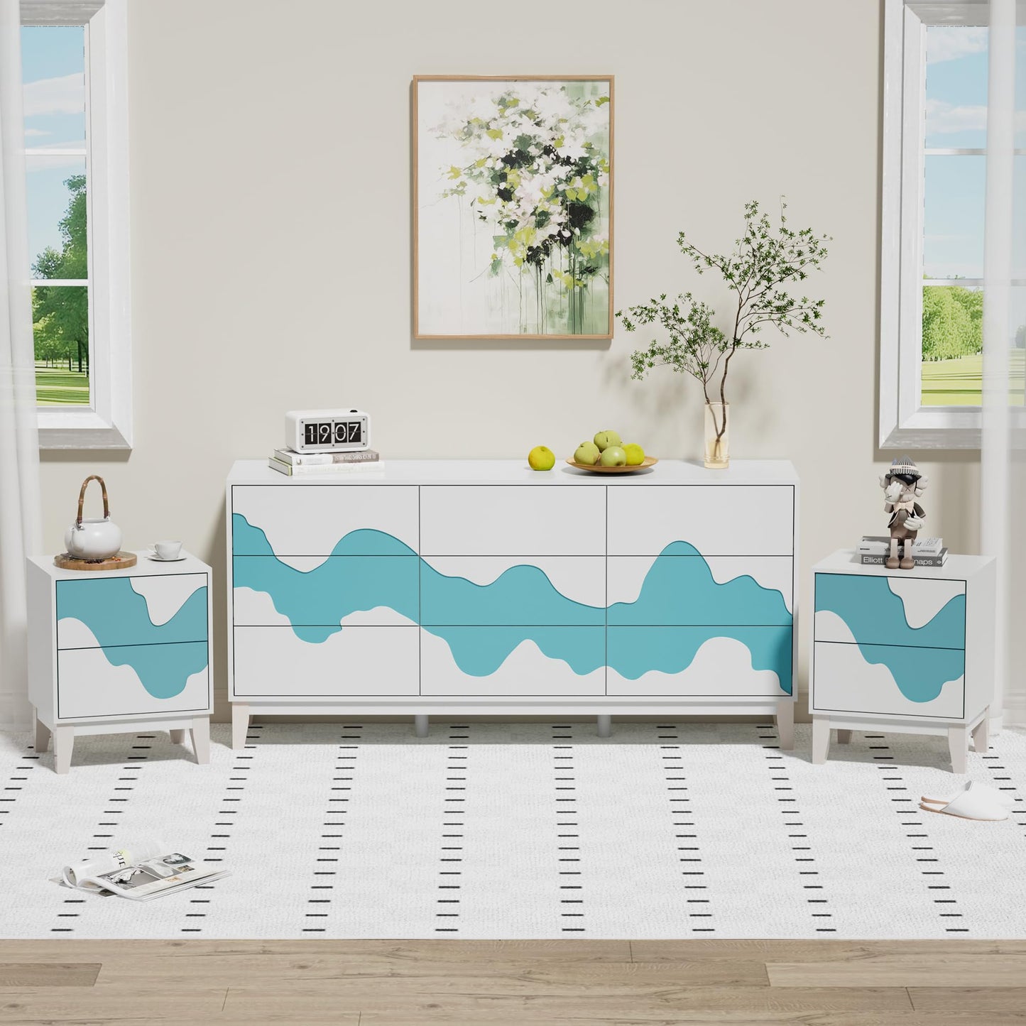 UEV 9-Drawer Dresser & 2 Nightstands Set - 3 Piece Modern Bedroom Furniture Set, 63" Wide Wooden Chest of Drawers with Flowing Water Pattern,2-Drawer Night Stands for Bedroom (White/Blue