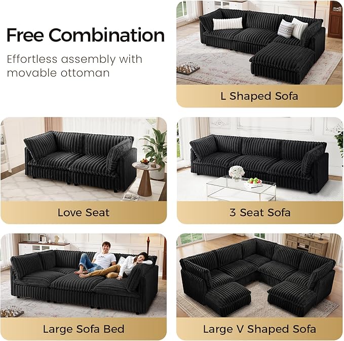 KKL Sectional Modular Couch for Living Room, L Shaped Corduroy Couches with 1 Ottomans, 4 Seater Oversized Sofa, Soft Fabric Modern Sofa, Black