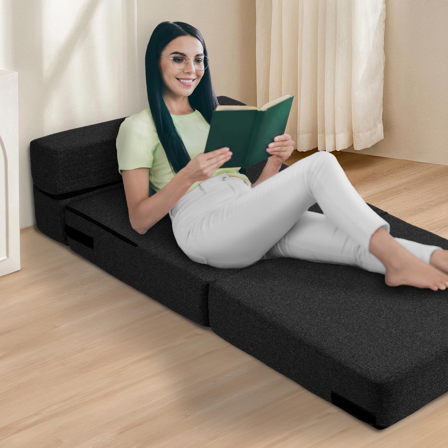 CATMIX Folding Sofa Bed, 7 inch Memory Foam Floor Couch, Convertible Sleeper Foldable Mattress Futon Sofa for Living Room/Home Office/Guest Beds/Apartment/Upstairs Loft, New Dark Gray, Single