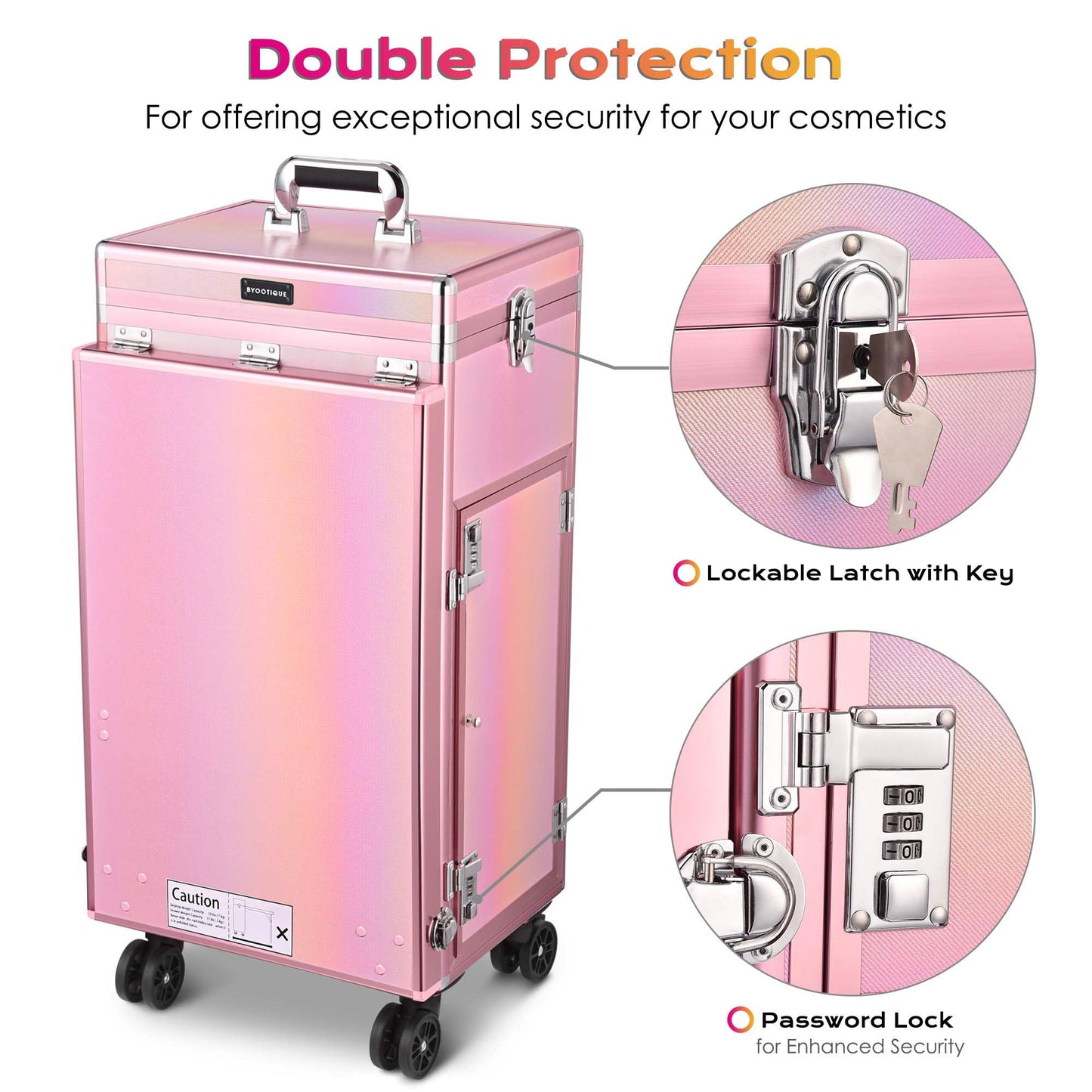 BYOOTIQUE Rolling Manicure Table Portable Nail Desk Station Travel Makeup Train Case Cosmetic Trolley Storage Organizer with Sto