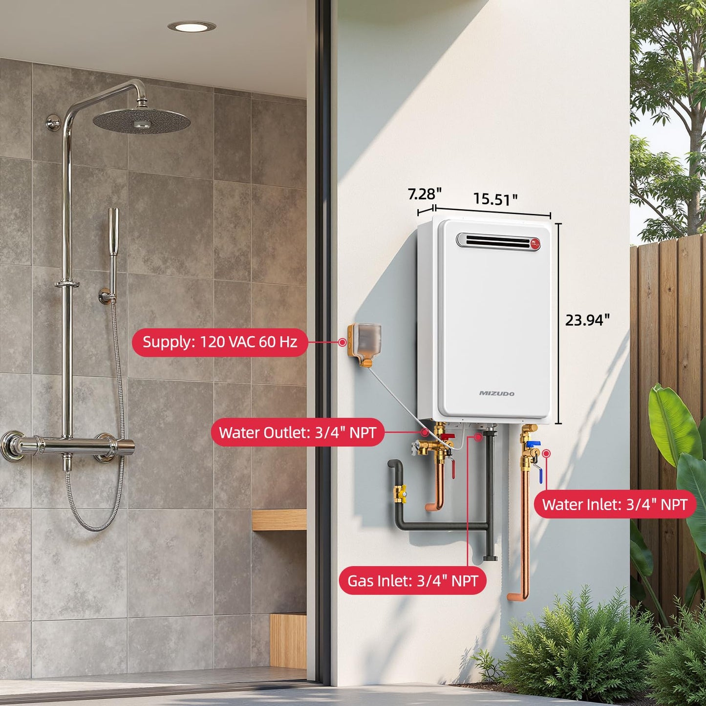 MIZUDO Tankless Water Heater Propane Outdoor Installation Max 5.1 GPM 120,000 BTU CSA Certified Constant Temp High Power On Demand Hot Water Heater for Big Family Whole House, Gen 2