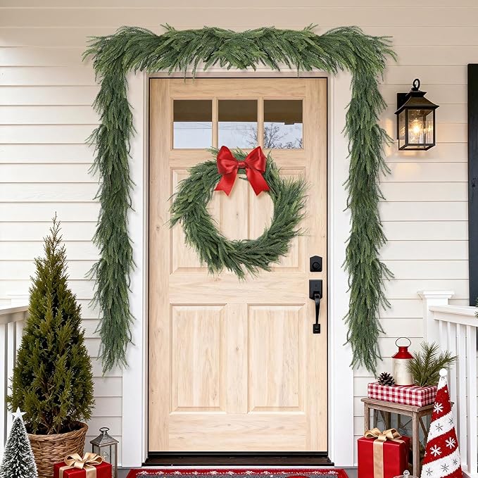 Artificial Norfolk Pine Garlands, 2 Pcs 6 Ft Real Touch Realistic Christmas Garlands, Winter Green Greenery Garlands for Mantle, Table, Wall, Outdoor, Indoor Christmas Decorations (6 FT, 2)