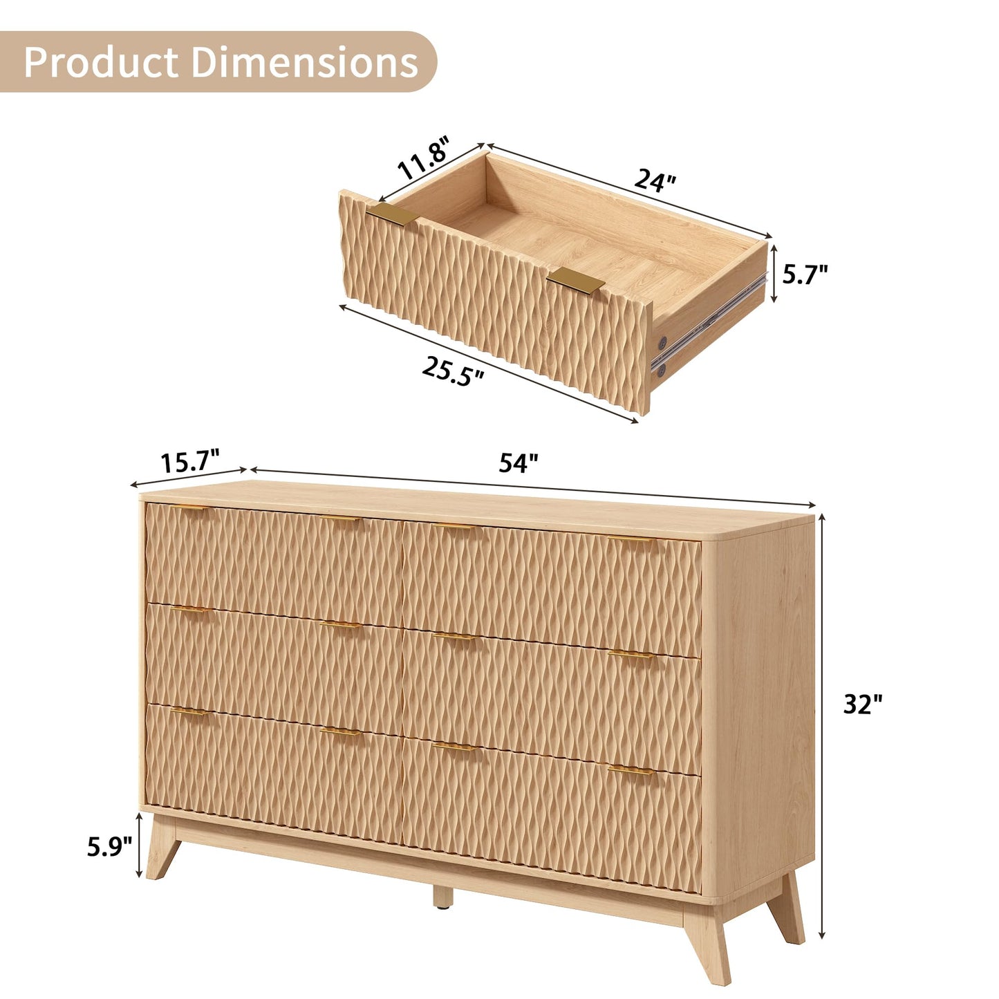 Cooday Fluted 6 Drawers Dresser, Modern Dressers & Chests of Drawers, 54" Wide Light Wood Dresser for Bedroom, Storage Cabinet Organizer for Hallway(Natural Oak)