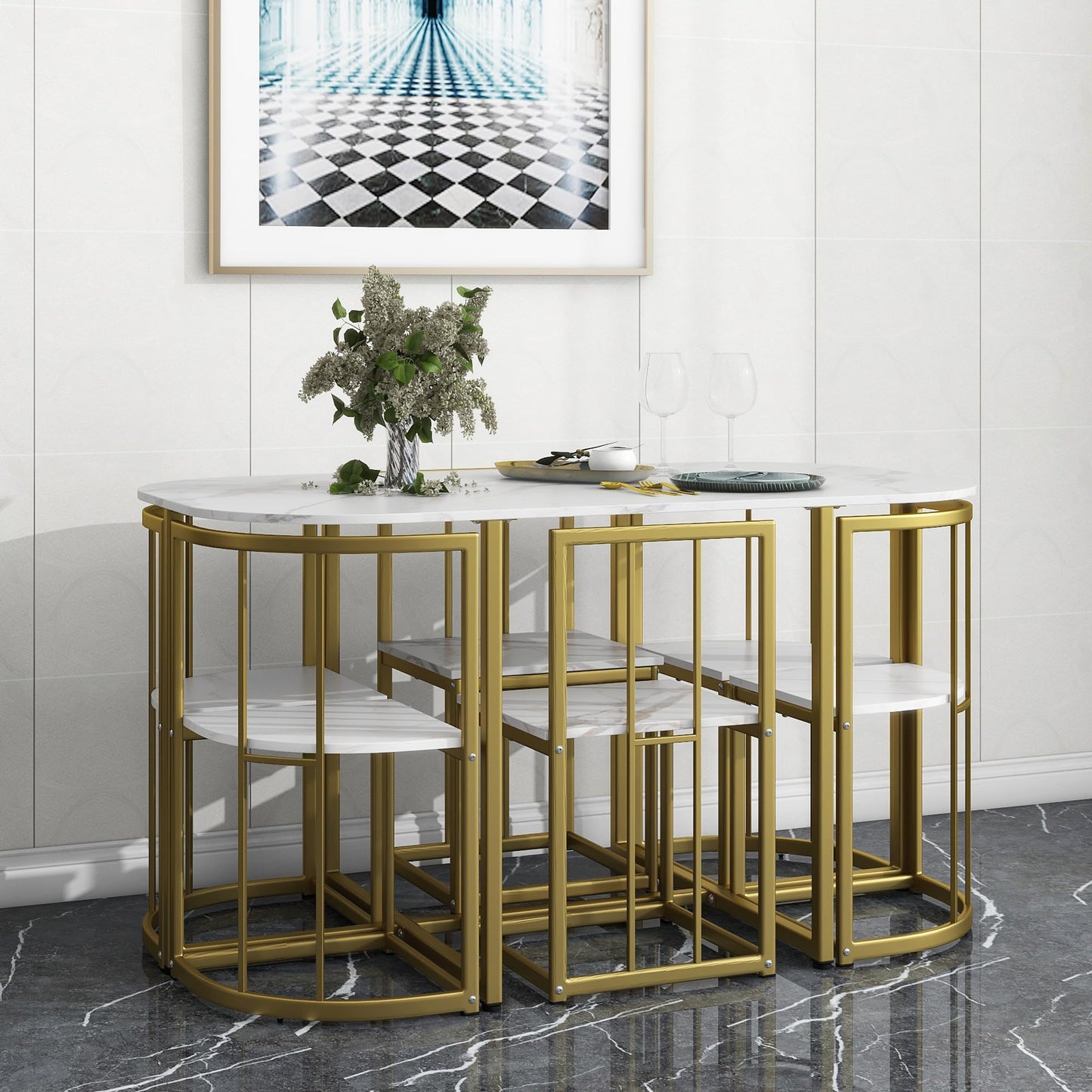 Metal 7 Piece Kitchen Dining Table Set with Chairs for Saving Space Metal Dining Room Table Set for 6 Persons, Golden White