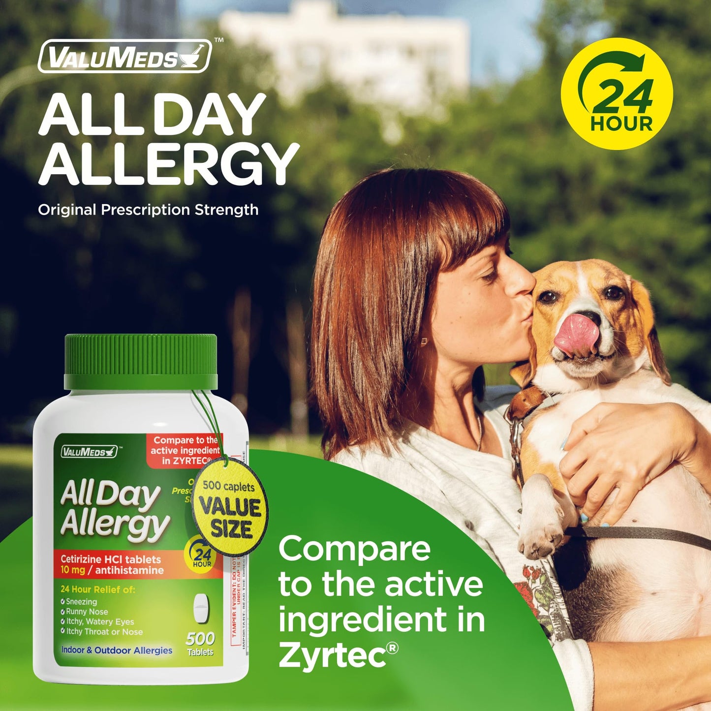ValuMeds 24-Hour Allergy Medicine Antihistamine for Pollen, Hay Fever, Dry, Itchy Eyes, Allergies | Cetirizine HCl 10mg Caplets, Compare to Leading Brand (500 Count)