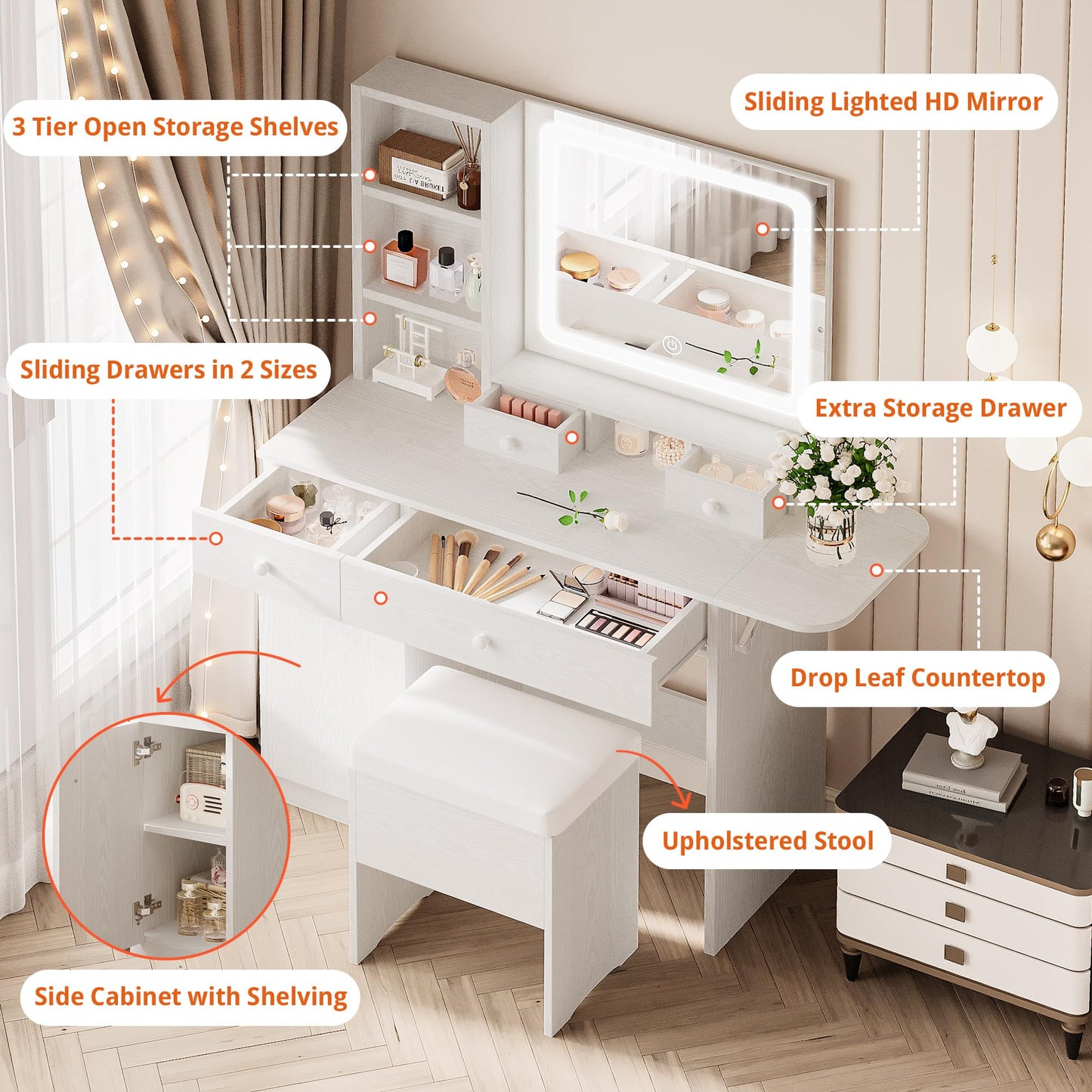 LIKIMIO Vanity Desk with Drawers & LED Lighted Mirror & Power Outlet & Cabinet, Storage Stool, Stylish Bedroom Makeup Table Set, White
