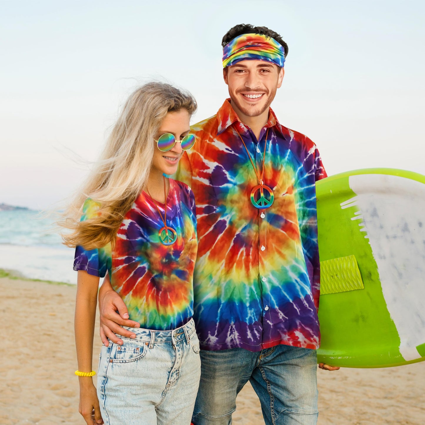 Bombline 4 Pieces Hippie Costume Set,Tie Dye Button Down Shirt Men,Tie Dye Sunglasses Headband,Peace Sign Necklace,70s 80s 90s Outfits for Men, Large