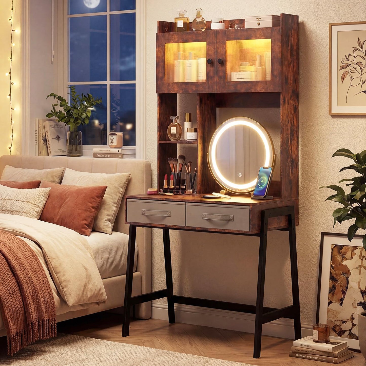 CHARMAID 67'' Tall Vanity Desk with LED Mirror, RGB Lighted Cabinet, Charging Station, Storage Shelves & Fabric Drawers, Metal Frame, Makeup Vanity Table with Hutch for Bedroom (Rustic Brown & Black)
