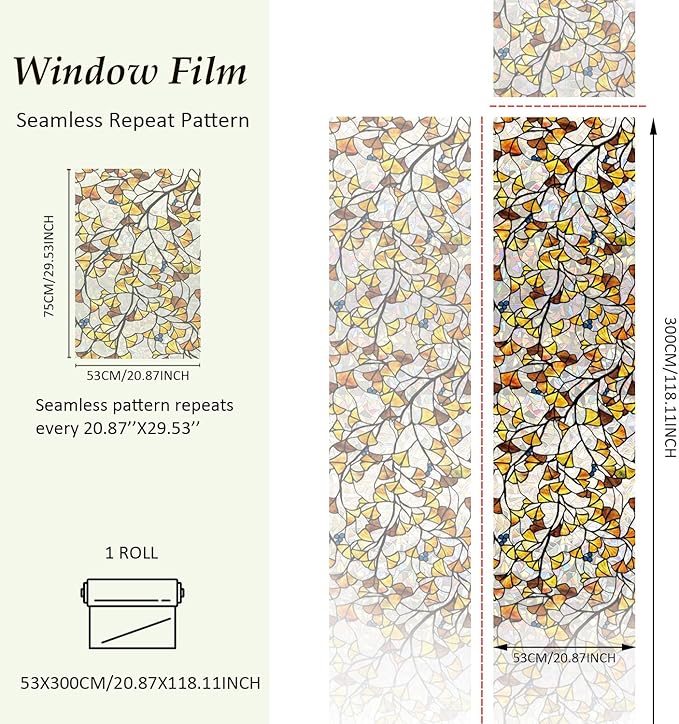 Fall Stained Glass Rainbow Window Privacy Film Autumn Leaf Window Cling, Stained Ginkgo Leaves, 118.11" x 20.87"