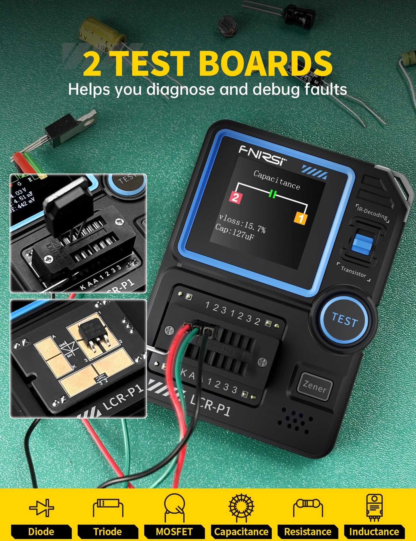 FNIRSI LCR-P1 Transistor Tester, Mosfet Transistor Capacitor Tester, SMD Electronic Component Tester, Diode Triode Zener Diode Resistance Inductance Battery Test LCR Meter MOS PNP NPN ESR Meter