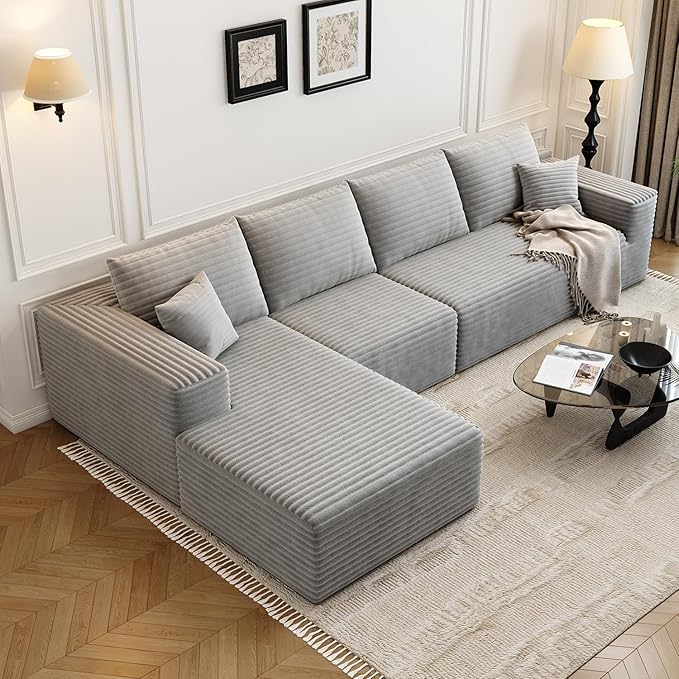 135.4" Cloud Modular Sectional Sofa Couch with L-Shape Chaise,Modern Minimalist Upholstered Couches for Living Room Bedroom,Deep Seat Corner Couch,No Assembly Required (Grey,Left Facing Chaise)