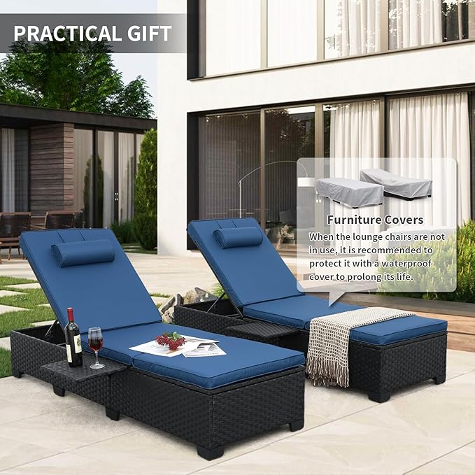 WAROOM Outdoor Chaise Lounge Chairs for Outside Patio Furniture Set of 2 Wicker Recliner Black Rattan Reclining Pool Sunbathing Chair Adjustable Backrest Lounger with Blue Cushion