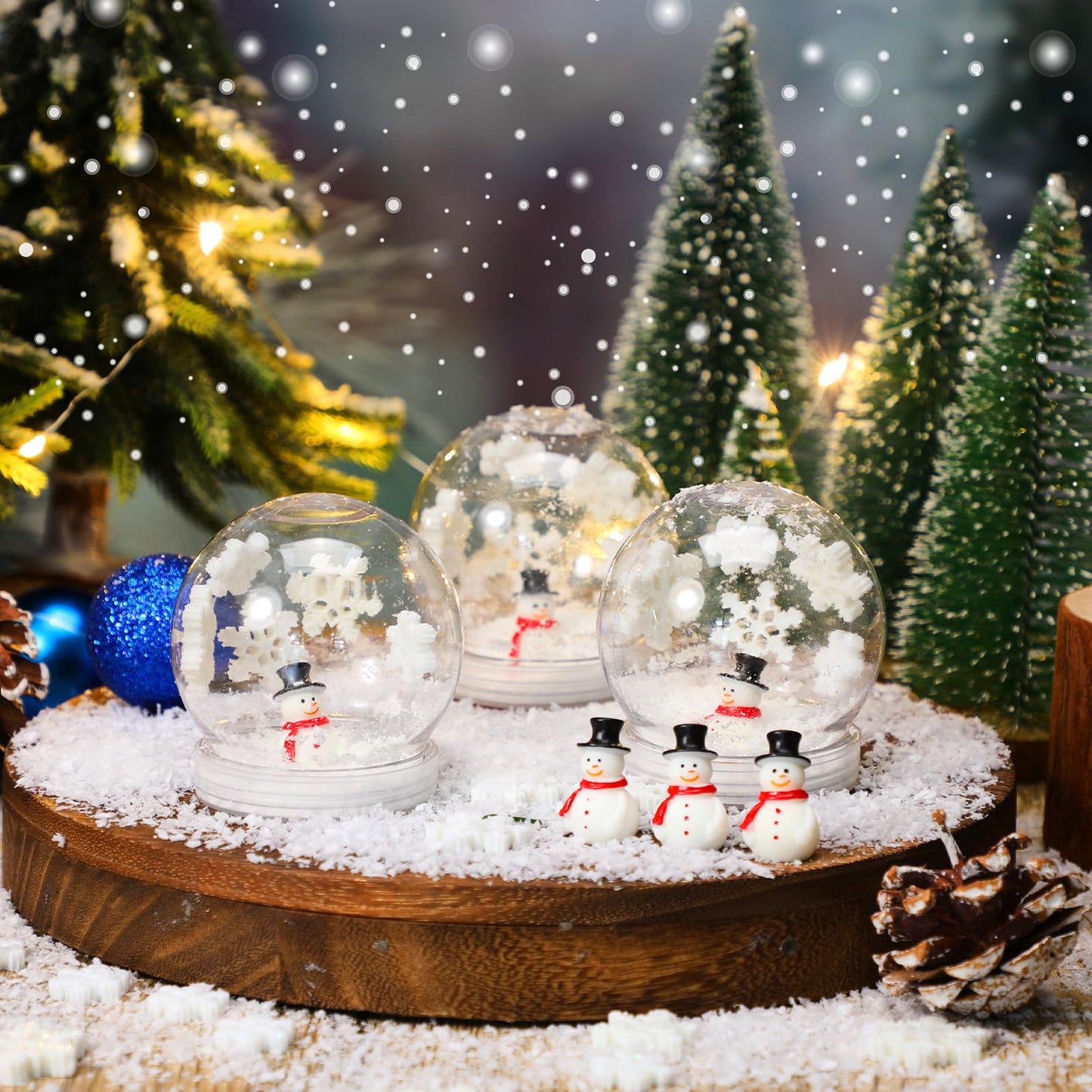 Cinnvoice 75 Pcs Winter Christmas Plastic Snow Globes Kit Includes 12 Snow Globe 12 Mini Snowman Figurines 50 Mini Resin Snowflakes and Artificial Snow for Xmas DIY Crafts Make Your Own Snow Globe