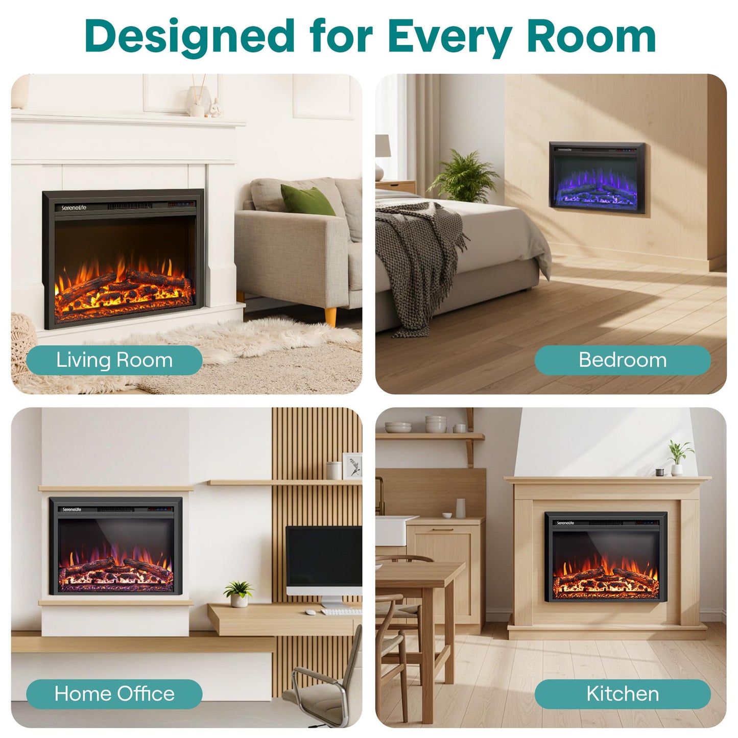 SereneLife Electric Fireplace Insert with Heater | Smart Wi-Fi App Control & Remote | 700W/1500W Adjustable Thermostat with Overheat Protection | 29"x21" Recessed or Wall Mount Design