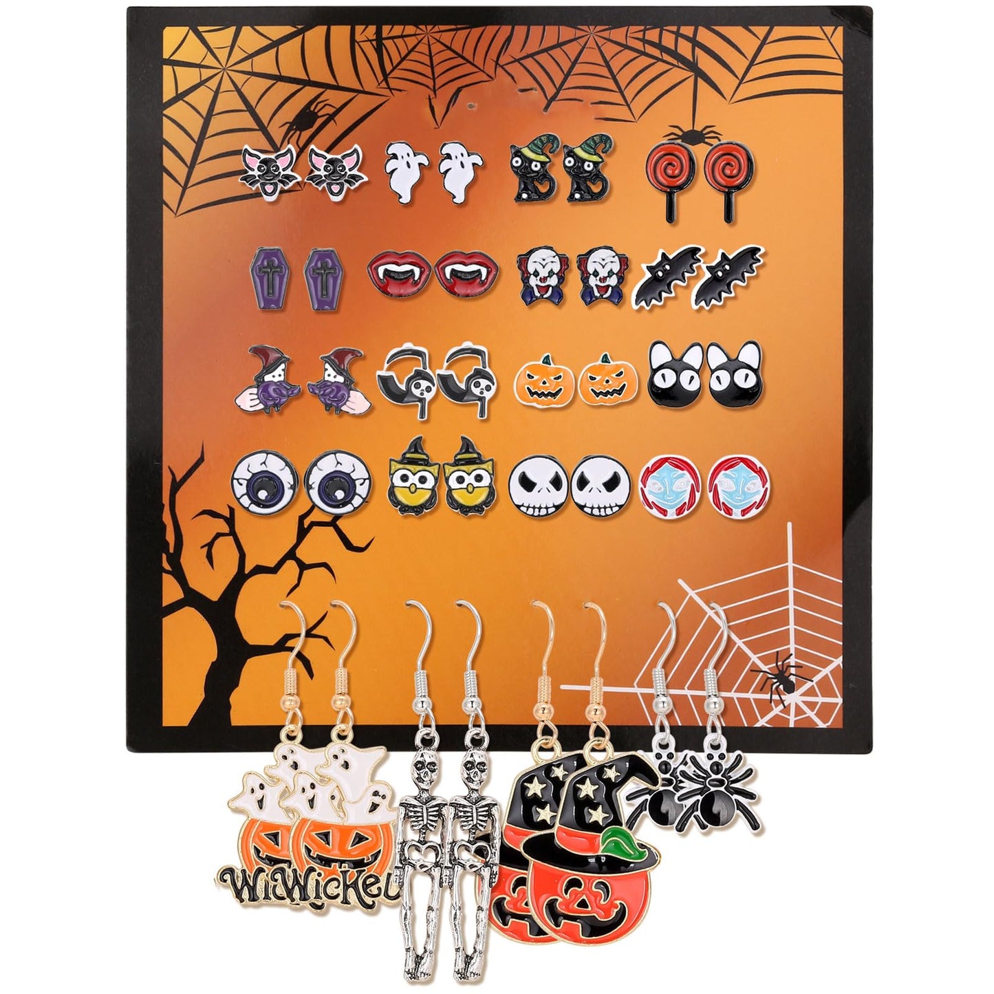 20 Pairs Halloween Earrings for Women, Pumpkin Spider Spooky Skull Skeleton Dangle Earrings for Women Girls,Witchy Bat Cat Eyeballs Candy Stud Earrings Set Scary Halloween Accessories