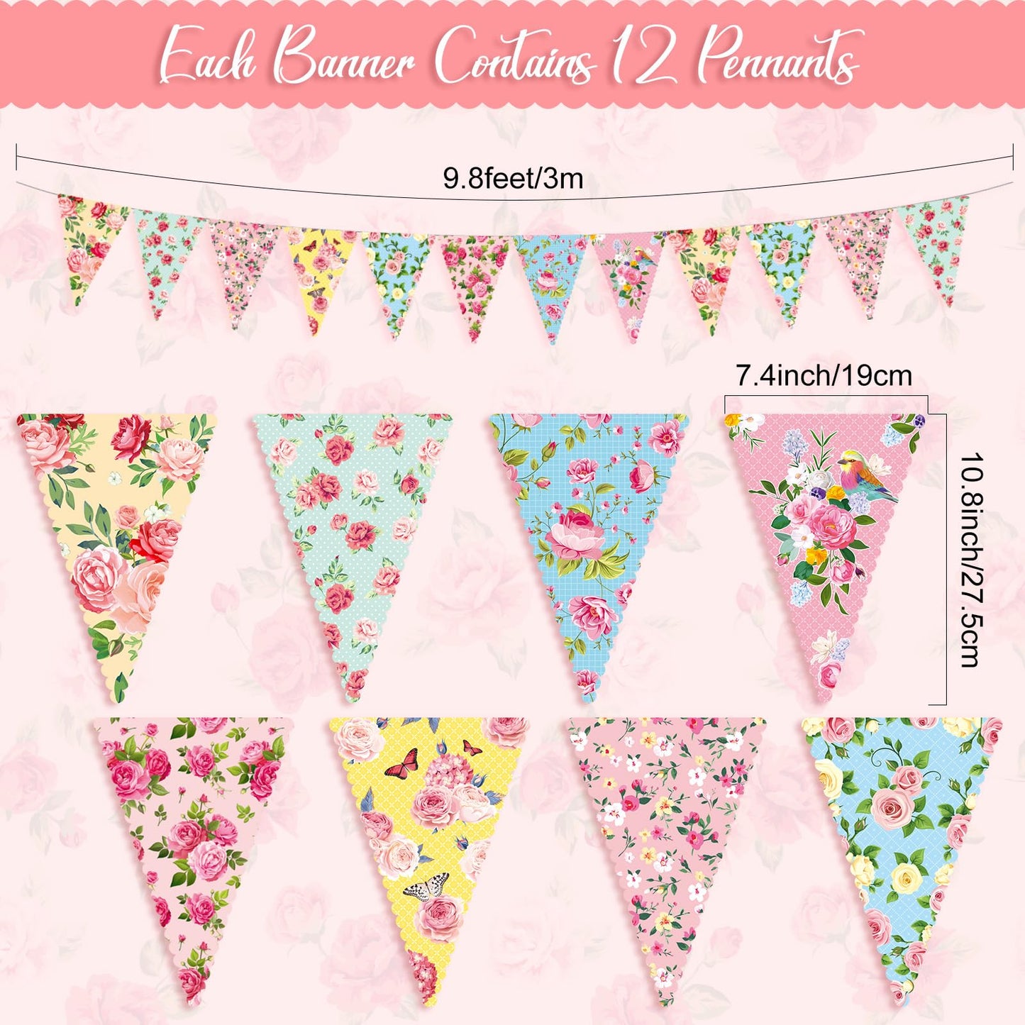 Faccito 49 ft 60 Pcs Tea Floral Party Paper Bunting Decor Outdoor Bunting Banner Floral Pennant Banner Tea Party Birthday Supplies for Wonderland Garden Baby Shower Bridal Wedding Bedroom