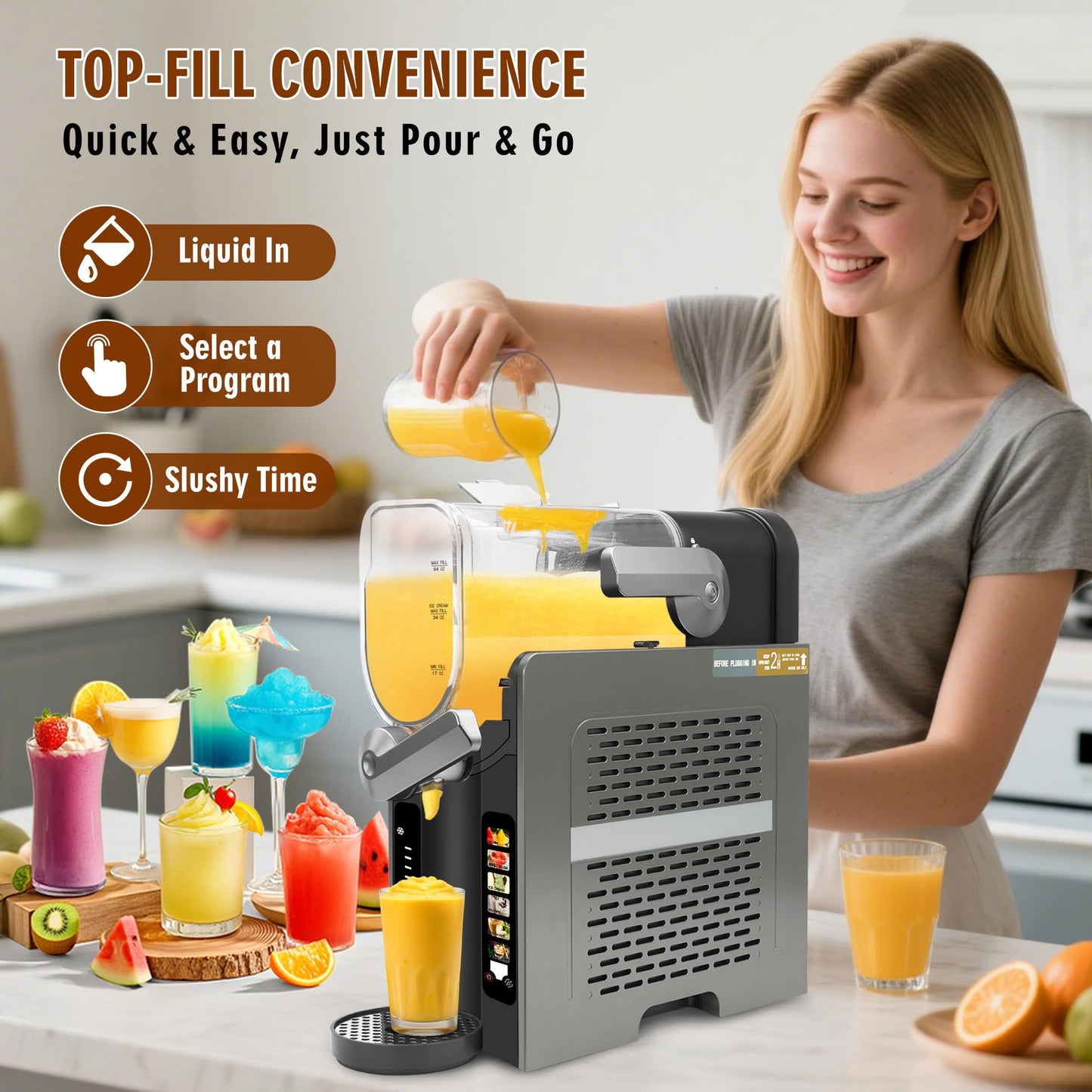 KELTEROOM Slushie Machine for Home with LED Display - One-Touch Reservation & 6 Pre-set Programs,No Ice Needed Slushy Machine 88oz Frozen Drink Machine for Frozen Margaritas,Frappés& Ice Cream Slushie