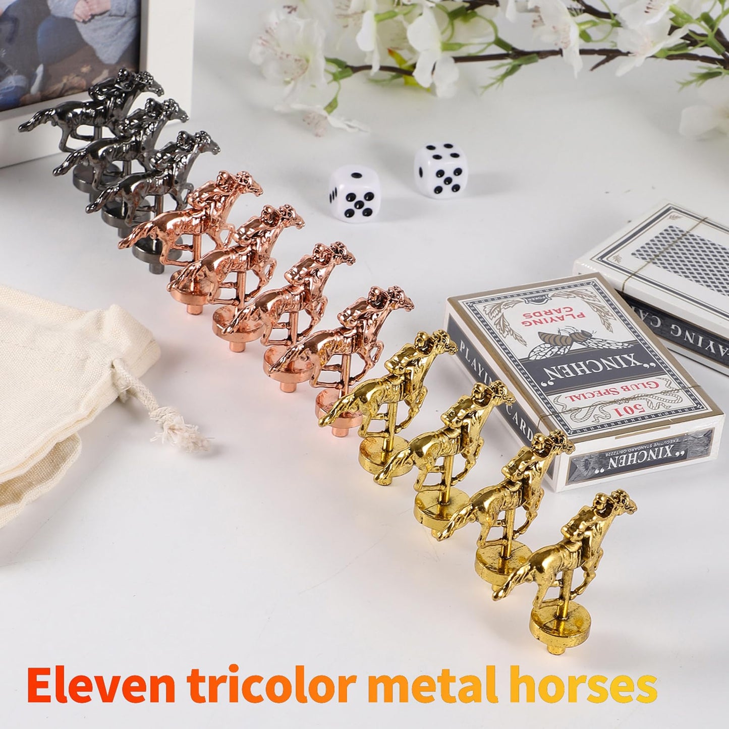 COMSREV Large 21 inches Horse Racing Board Game Thickened Solid Wood with 11 Luxurious Durable Classic Metal Horses Including Dice and Cards Finish LINE Race Game Set (Large, Burning)