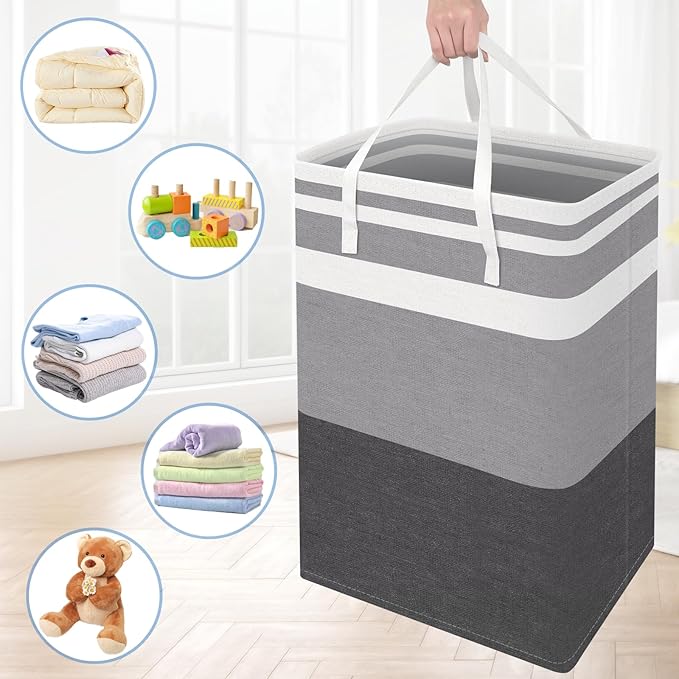 BlissTotes 3-Pack Laundry Basket, Freestanding&Waterproof Laundry Hamper, Collapsible Tall Clothes Hamper with Easy Carry Handles for Clothes, Towels in the Family and Dorm,Gradient Grey,100L