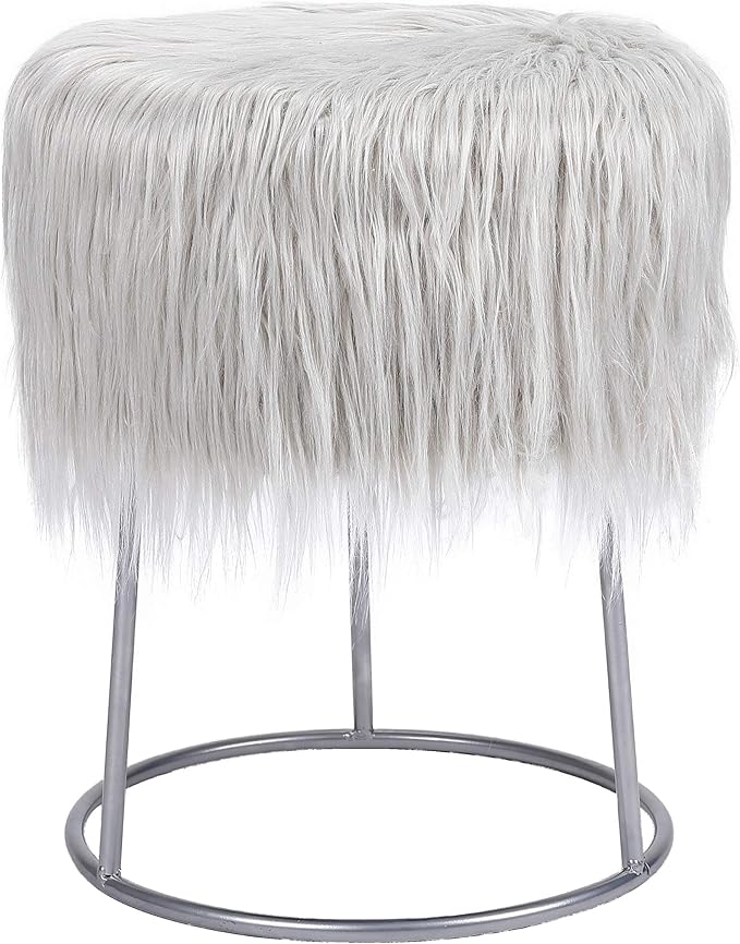 BIRDROCK HOME Round Faux Fur Foot Stool - Small Padded Ottoman with Soft Cushion for Living Room, Bedroom, or MakeUp Room - Modern Upholstered Accent Chair, Vanity Seat, Footrest for Couch/Sofa - Grey