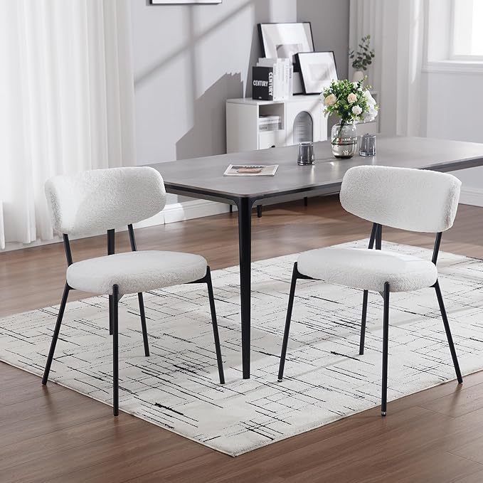 KCC Boucle Dining Chairs Set of 4, Modern Mid-Century Upholstered Stylish Kitchen Chairs Sherpa Accent Diner Chairs with Metal Legs and Curved Back for Kitchen, Dining Room(White)