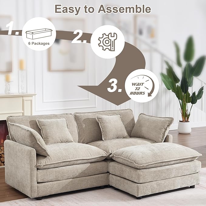 KIVENJAJA Chenille L-Shaped Modular Sectional Sofa, Modern Loveseat Comfy Deep Seat Cloud Couch with Ottoman/Chaise & 4 Pillows for Living Room Office Apartment, 76.7" W, Light Camel