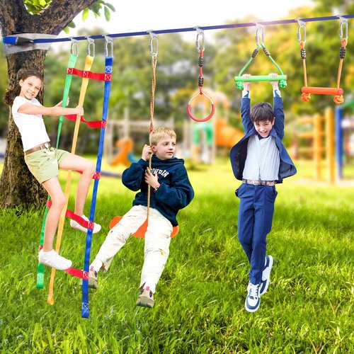 Ninja Warrior Obstacle Course for Kids Outside-Ninja Slackline 52ft with 11 Durable Obstacles-Climbing Net,Wheel, Warrior Gymnastics & Monkey Bars,Slack Lines for Backyard for Kids.