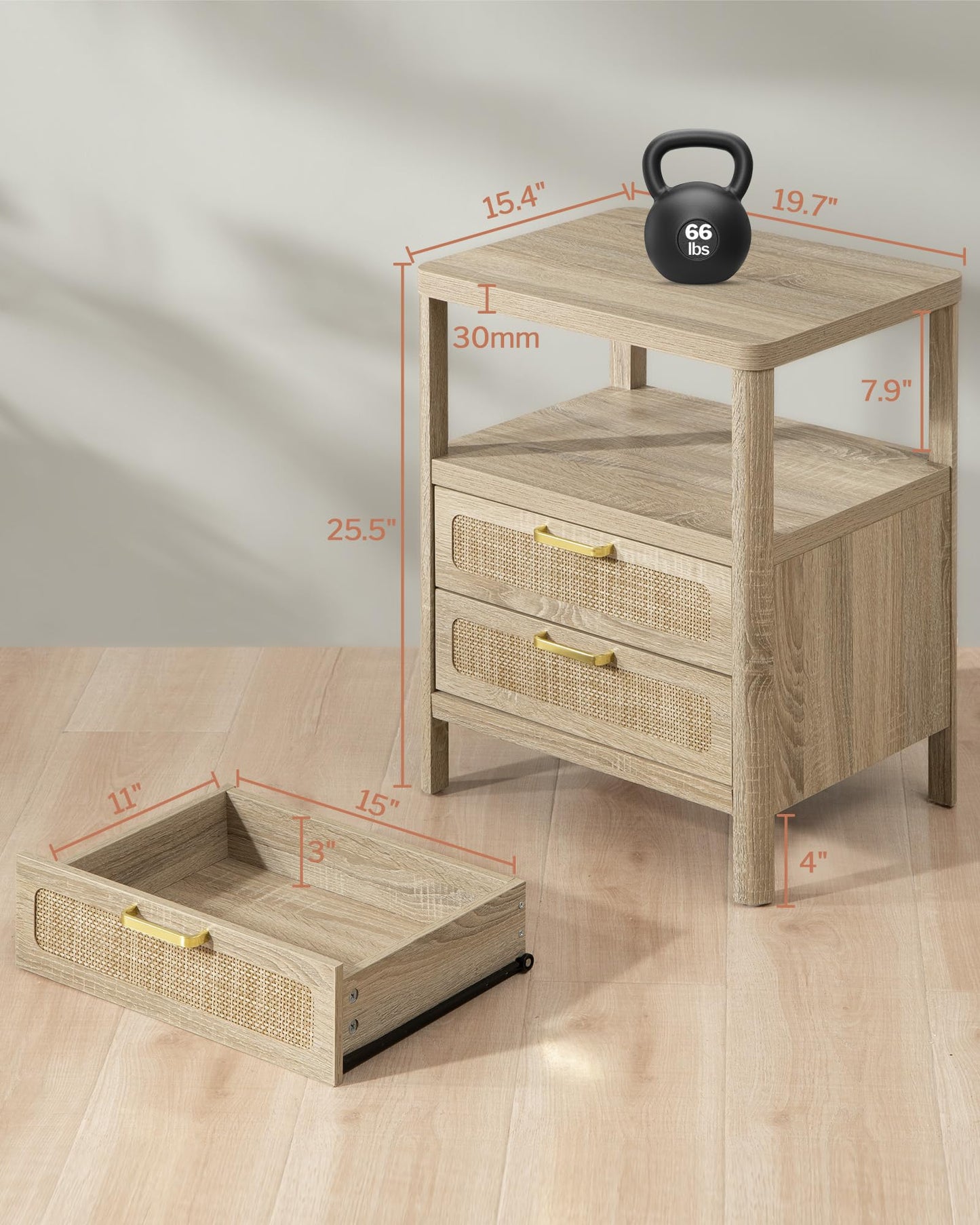Nightstands Set of 2 - Rattan Night Stand Bedside Table with 2 Rattan Drawers, Open Storage Shelf, Farmhouse Wood Bed Side Tables End Table for Bedroom Living Room, Natural
