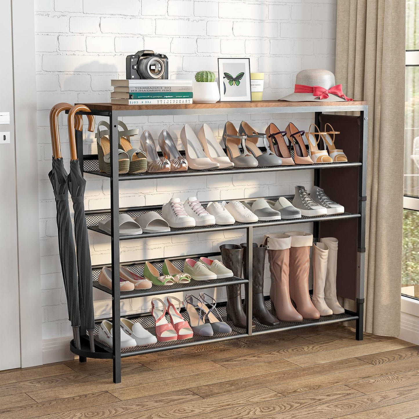 Bonzy Home 5-Tier Shoe Rack for Entryway, Shoe Shelves for 21 Pairs, Flat & Slant Adjustable Shoe Storage Organizer for Entryway with Wood Top, Side Pockets, Umbrella Holder, Metal Mesh